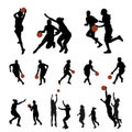 Basketball silhouettes. Set of silhouettes of basketball female players in game motions. Royalty Free Stock Photo