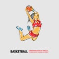 Basketball Slam dunk by Basketball Girl Player. Vector outline of soccer player with scribble doodles. Royalty Free Stock Photo