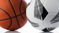 Basketball and soccer ball close-up on a white surface