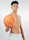 Basketball, sport and black man in fitness portrait, exercise and sports motivation with basketball player in studio
