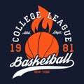 Basketball sports apparel with fiery ball. New York college league. Typography emblem for t-shirt. Design for athletic clothes. Royalty Free Stock Photo