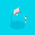 Basketball and streetball in the isometric style, the guy sportsman throws the ball into the basketball