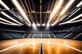 A basketball suspended in mid-air, moments before swishing through the net, the court glistening under bright arena lights Royalty Free Stock Photo