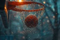 Basketball Swishing Through Net in the Rain. Generative AI Royalty Free Stock Photo