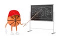Basketball Tactics Concept. Cute Cartoon Toy Basketball Ball Sports Mascot Person Character with Pointer near Black Chalkboard