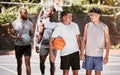 Basketball, team and sports friends walking relax after game, competition or training practice for athlete health