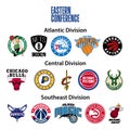 Basketball teams. Eastern Conference. Atlantic Division, Central, Southeast. Nba logo. NY Knicks, Philadelphia 76ers, Brooklyn Royalty Free Stock Photo