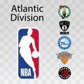 Basketball teams. Logo 2022, 2023. Eastern Conference. Atlantic Division. New York Knicks, Philadelphia 76ers, Toronto Raptors,