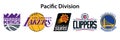 Basketball teams. Western Conference. Pacific Division. Golden State Warriors, Sacramento Kings, Los Angeles Lakers, Phoenix Suns