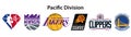 Basketball teams. Western Conference. Pacific Division. Nba logo. Golden State Warriors, Sacramento Kings, Los Angeles Lakers,