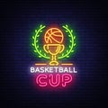 Basketball Tourament Night Neon Logo Vector. Basketball Cup neon sign, design template, modern trend design, sports neon Royalty Free Stock Photo