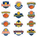 Basketball tournament and championship 12 colored badges set. Retro collection of basketball elements and emblems. Royalty Free Stock Photo