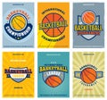 Basketball tournament and championship posters set. Retro collection of colored basketball elements and emblems Royalty Free Stock Photo