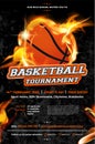 Basketball tournament poster template with ball on fire Royalty Free Stock Photo