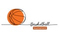 Basketball tournament simple vector background, banner, poster with orange ball sketch. One line drawing art