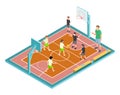 Basketball training. Children play basketball vector illustration. Isometric sport court, kids with ball and coach