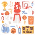 Basketball vector sportswear and ball in net hoop on basketball court illustration set of sportsman clothes for gym Royalty Free Stock Photo