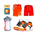 Basketball watercolor set. Shorts and T-shirt, uniforms, trainers and a sports water bottle. Royalty Free Stock Photo