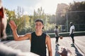 Basketball, welcome and high five, team and greeting on outdoor sport court in summer with friends. Happy basketball Royalty Free Stock Photo