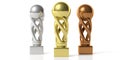 Basketball golden, silver and bronze trophies isolated on white background. 3d illustration Royalty Free Stock Photo