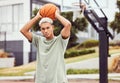 Basketball, young man and basketball player with sport in park with portrait in city and exercise outdoor. Fitness