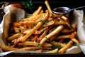 basketful of golden-brown fries with savory sprinkle of salt and pepper
