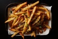 basketful of golden-brown fries with savory sprinkle of salt and pepper