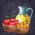 Baskets with apples oranges jar juice fresh fruit food healthy