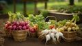 Baskets of assorted root vegetables, including radishes and turnips