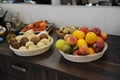 Baskets of bread and fruits on buffet table at the hotel Royalty Free Stock Photo