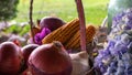 baskets with corn cobs and onions between dried leaves