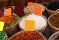 Baskets of dried fruit for sale at the fruit market