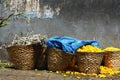 Baskets of flowers at Dadar flower market, Mumbai, India