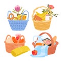 Baskets with food for family picnic set, hampers for dishes, wooden or wicker boxes