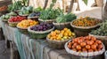 Baskets of fresh fruits and vegetables foraged from the desert line the table Royalty Free Stock Photo