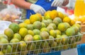 Baskets full of beautiful oranges for sale at the farmer's marke Royalty Free Stock Photo
