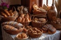 baskets overflowing with freshly baked breads, including baguettes, rolls, and miniature buns