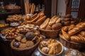 baskets overflowing with freshly baked breads, including baguettes, rolls, and miniature buns