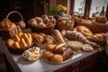 baskets overflowing with freshly baked breads, including baguettes, rolls, and miniature buns