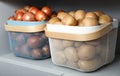 Baskets with potatoes and onions on shelf