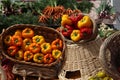 Baskets of red yellow bell peppers vegetables at a market