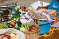 Baskets of ripe fruits. Apples, grapes, plums and peaches on harvest day Royalty Free Stock Photo