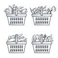 Baskets with sausages, fruit, vegetables and bakery