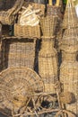 Baskets and several pieces in straw at a handicraft store in Aracaju Brazil Royalty Free Stock Photo