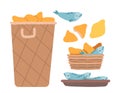 Baskets and Tray with Blessed Food. Fish and Bread Icons Set. Biblical Story about Miracle. Cartoon Vector Illustration Royalty Free Stock Photo