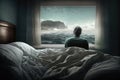 Man sitting in bed with a view of the sea from the window Royalty Free Stock Photo