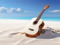 An acoustic guitar on the beach