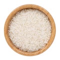 Basmati long grains white rice in wooden bowl isolated on white. Top view