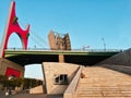 Basque country - september 11 - 2018: Couple resting at the stairs of la salve zubia bridge in Bilbo