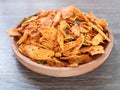 basreng or spicy chips made from fried baso. A typical Sundanese, Indonesian spicy crispy snack